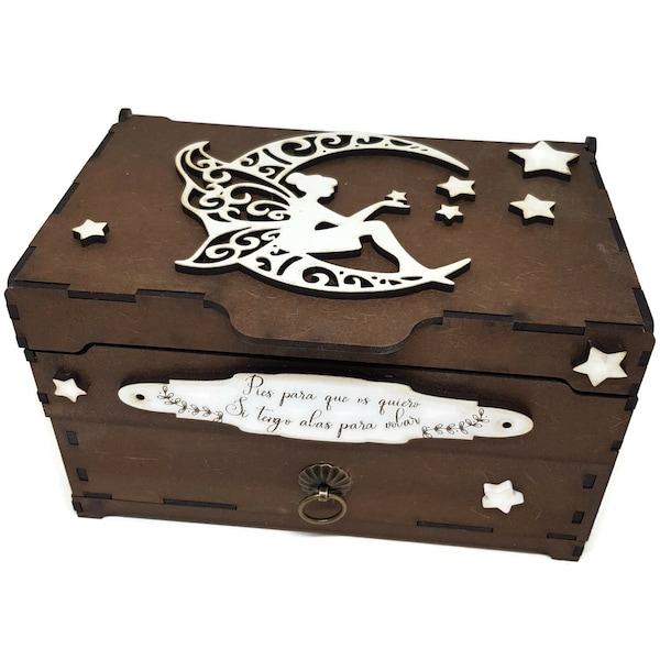 Wooden box, personalized wooden jewelry box with silhouette of fairy on the moon.
