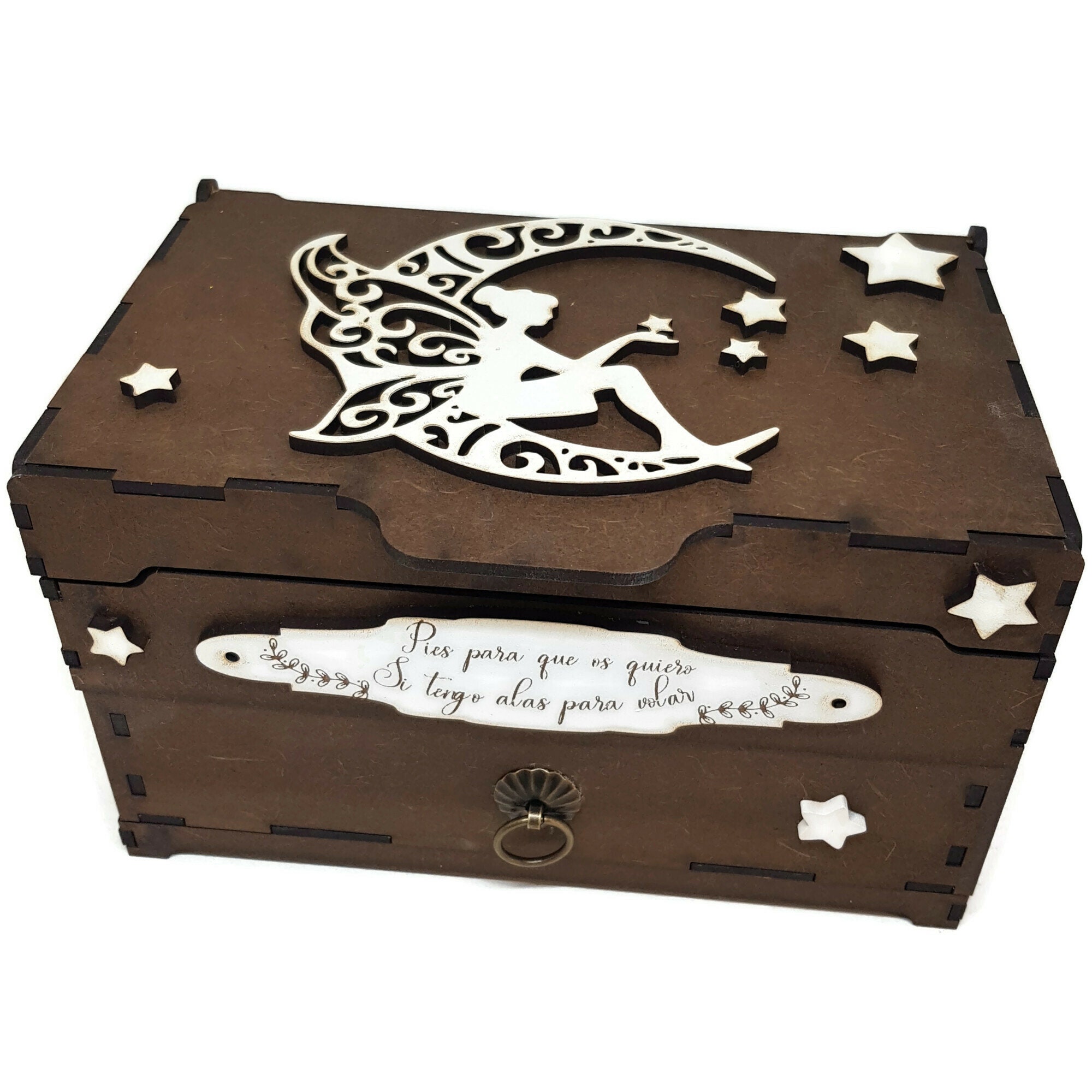 Wooden box, personalized wooden jewelry box with silhouette of fairy on the moon.