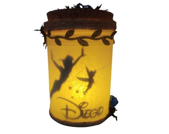 Peter pan y Campanilla,capturados en tarro de luz, infantil, led, hada en frasco, luz de noche, luz de ambiente