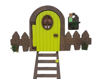 Green Tooth Fairy Door THAT OPENS, with magic dust that glows in the dark, staircase and decorative fence, baby teeth, elf
