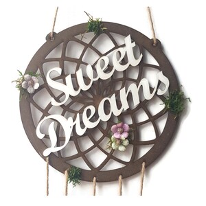 Atrapasueños personalizado para decorar tu casa, habitación, porche, Sweet Dreams, plumas, flores, musgo, regalo, original