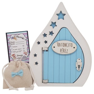 Porta Rato Perez Azul QUE ABRE, com estrelas, bolsa com laço para deixar o dente, 3 certificados. Feito de madeira