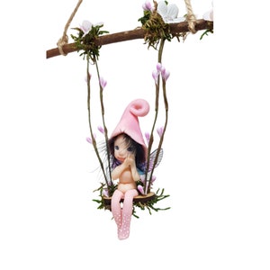 Forest fairy on swing. Decorative porcelain cold porcelain fairy figure elf, miniature fairy elf, fairy garden, pink color image 2