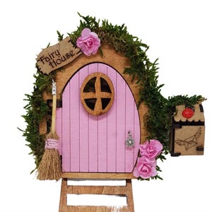 Fantasy fairy door, Tooth fairy door, pink wooden opening door with broom, wall decoration, wall decoration