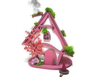Casa de fadas, queimador de incenso, cones de incenso, casa rosa, cabana na floresta, fantasia, casa de madeira, aromaterapia