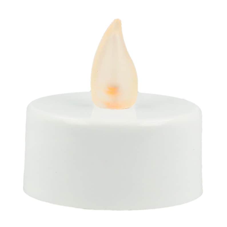 May include: A white battery-operated LED tea light with a realistic flickering flame.