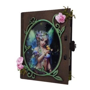 Scatola per libri in legno, scrigno fantasia fata, portagioie decorativo in legno, immagine fata, possibilità di personalizzazione, fantasia, elfi