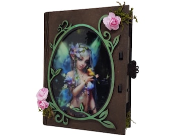 Wooden book box, fairy fantasy chest, decorative wooden jewelry box, fairy image, possibility to customize, fantasy, goblins