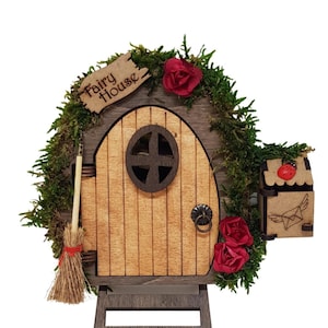 Fantasy fairy door, Ratoncito Pérez or tooth fairy door, wooden opening door with broom, ladder and mailbox. Gnome Door,Magic Portal