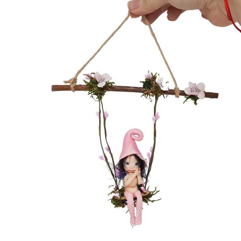 Forest fairy on swing. Decorative porcelain cold porcelain fairy figure elf, miniature fairy elf, fairy garden, pink color image 3