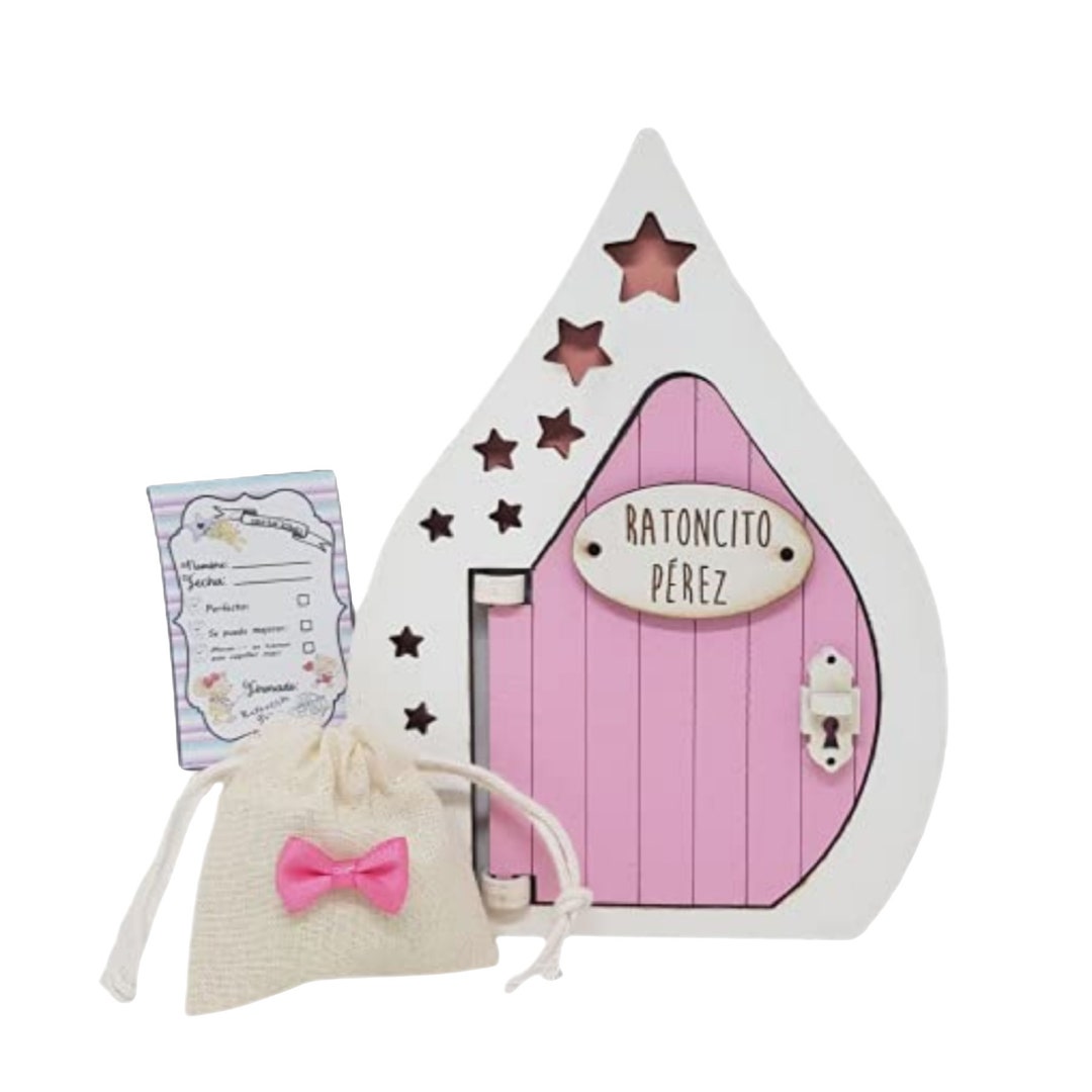Puerta Ratoncito Pérez rosa QUE SE ABRE, con estrellas, saquito con ...