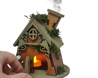Casa de fadas, casa de fadas com luz, queimador de incenso para cones, queimador de incenso, cabana de madeira, porta-incenso, perfume para casa, incenso