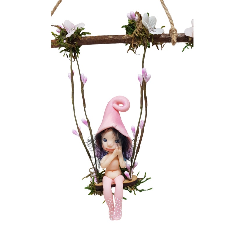 Forest fairy on swing. Decorative porcelain cold porcelain fairy figure elf, miniature fairy elf, fairy garden, pink color image 4