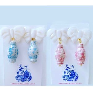 Chinoiserie Ginger Jar Pearl Bow Earrings | Designs by Laurel Leigh, cornflower, Wedgwood, Blue, Pink, White, grandmillenial, bridesmaid