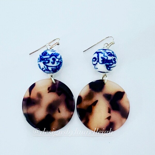 Chinoiserie Tortoise Shell Disk Earrings | Brown, blue and white, gold, dangle, ginger jar, dragon, Designs by Laurel Leigh