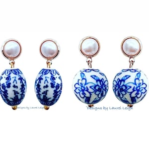 Blue & White Chinoiserie Porcelain Pearl Post Earrings | grandmillennial, bridal, bridesmaid, wedding, Designs by Laurel Leigh