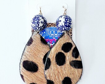 ANIMAL PRINT Earrings | Cheetah, leopard, Chinoiserie, blue and white, statement earrings, gold, leather, fur, lightweight, black and tan