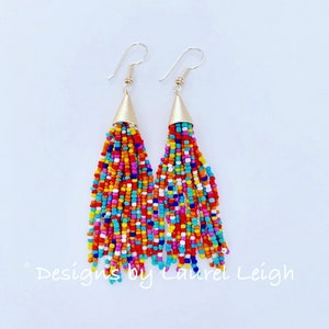 Multicolor Beaded Tassel Earrings | multicolored, gold, dangle, statement earrings, seed beads