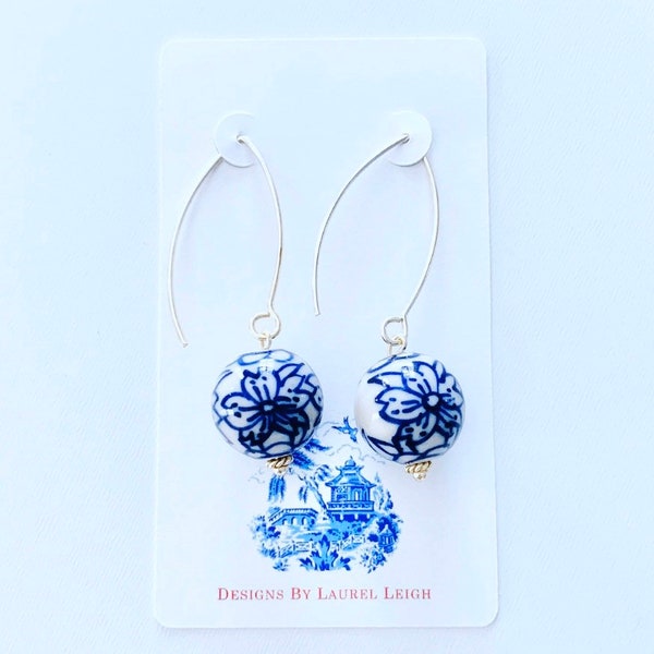 Blue & White Chinoiserie Floral Wire Drop Earrings | gold, peony, lightweight, dangle, drop, Designs by Laurel Leigh