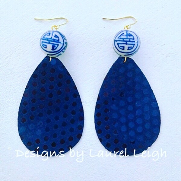 SALE | NAVY BLUE Polka Dot Chinoiserie Earrings | statement earrings, gold, blue and white, leather, lightweight