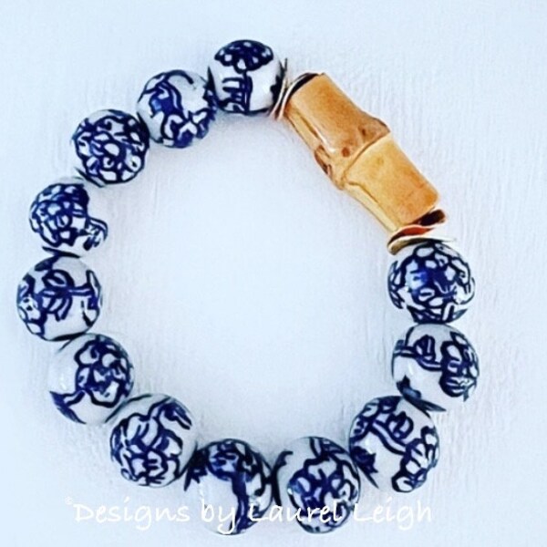 BLUE and WHITE Chinoiserie Peony Flower Beaded Bracelet | floral, flowers, stretchy, Designs by Laurel Leigh