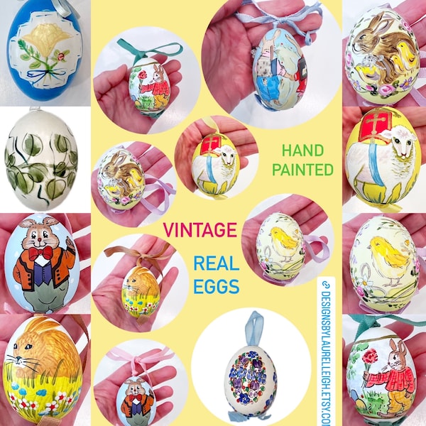Vintage Hand Painted Real  Austrian Easter Eggs | bunnies, bunny, rabbits, hanging tree, display, collectible, SOLD INDIVIDUALLY