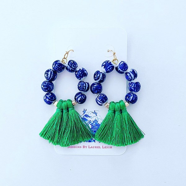 GREEN Chinoiserie Tassel Hoop Earrings | lightweight, hoops, emerald, blue and white, gold, statement Designs by Laurel Leigh