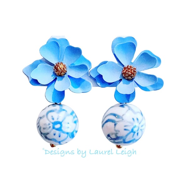 Wedgwood Blue Floral Drop Earrings | flower, dogwood, bridesmaid, Chinoiserie, cornflower, light, ginger jar, Designs by Laurel Leigh