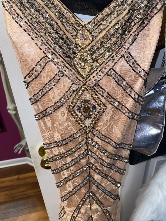 Vintage Sue Wong Gold and Tan Beaded Detail Lace Trim Tight Fitting Mid-Length Cocktail Dress
