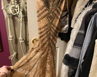 Vintage Sue Wong Gold and Tan Beaded Detail Lace Trim Tight Vintage Sue Wong Gold and Tan Beaded Detail Lace Trim Tight