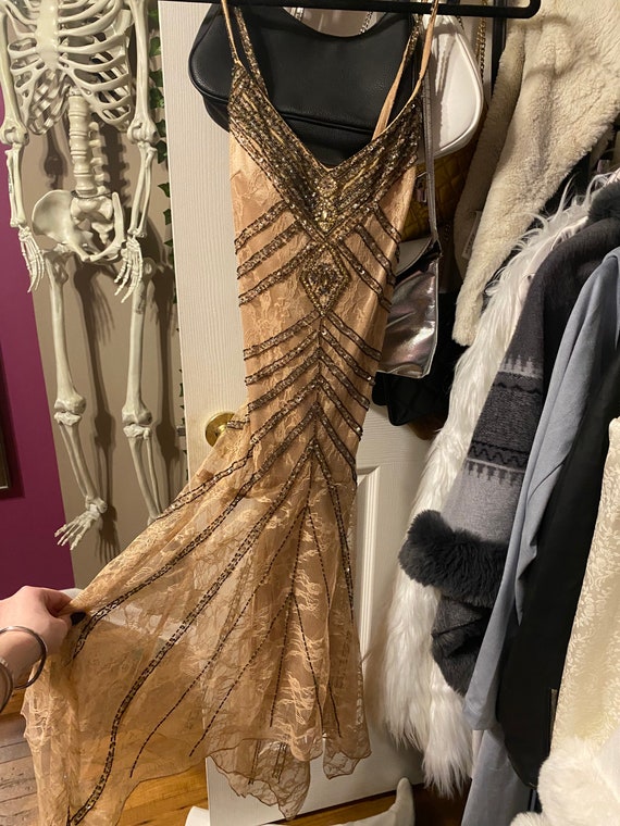 sue wong beaded dress Sheath Sleeveless Straps Plunging Sweep Gold Sequin Prom Dress, Split