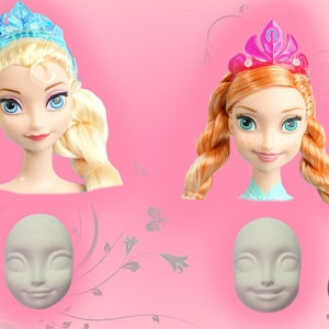 May include: Two white plastic doll heads with painted facial features. The doll heads are for use in a silicone mold to create cake toppers.