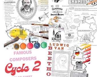 Páginas para colorear de compositores clásicos: Beethoven, Brahms, Dvořák (PDF)