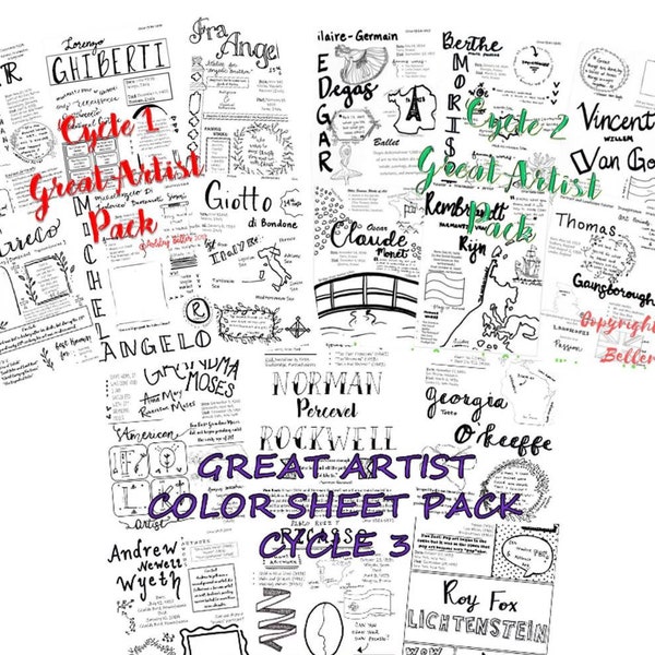 Classical Conversations Cycle 1 , 2 , & 3 Great Artists Pack ALL 18 Color Sheets