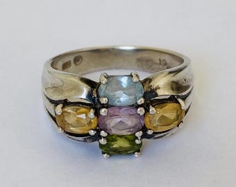 Vintage Sterling Silver Multi Stone Cluster Ring Size 10 Peridot Amethyst Topaz