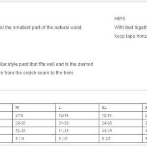 May include: Size chart for pants with measurements in inches for waist, hip, and inseam. Sizes range from XS to 4XL.