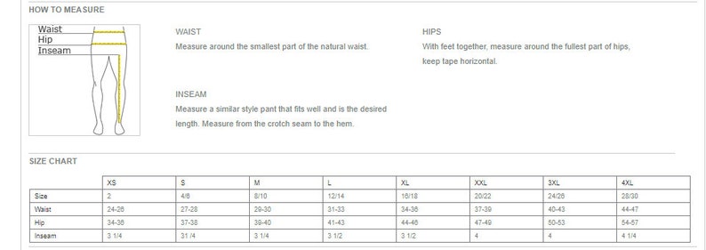 May include: Size chart for pants with measurements in inches for waist, hip, and inseam. Sizes range from XS to 4XL.