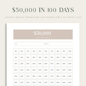 May include: A printable chart to track progress towards a $50,000 goal in 100 days. The chart is divided into 10 rows and 10 columns, with each cell representing a day and a dollar amount. The chart is designed to help users visualize their progress and stay motivated.