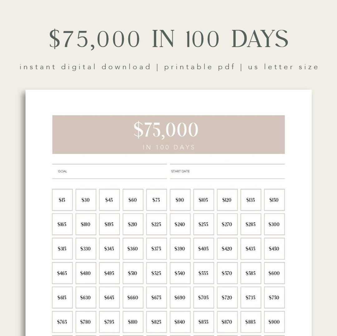 75K Savings Challenge, 100 Day Tracker (printable PDF) - Etsy