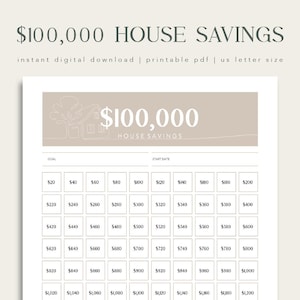 May include: Printable PDF house savings tracker with a goal of $100,000. The design features a house graphic and a grid for tracking savings increments from $20 to $1,200. Includes space for a start date.