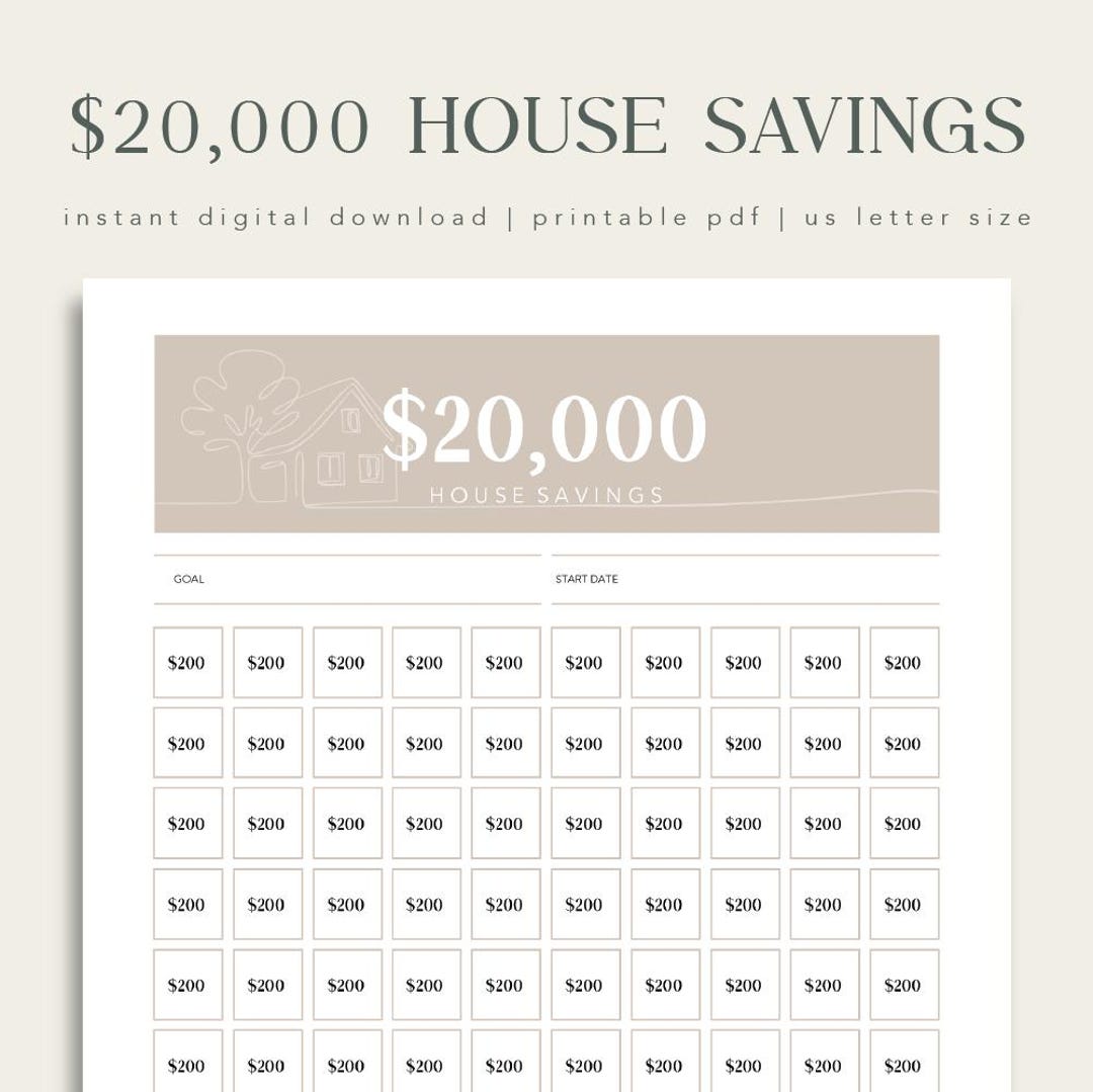 20K House Savings Challenge Printable, Home Down Payment Tracker (PDF ...
