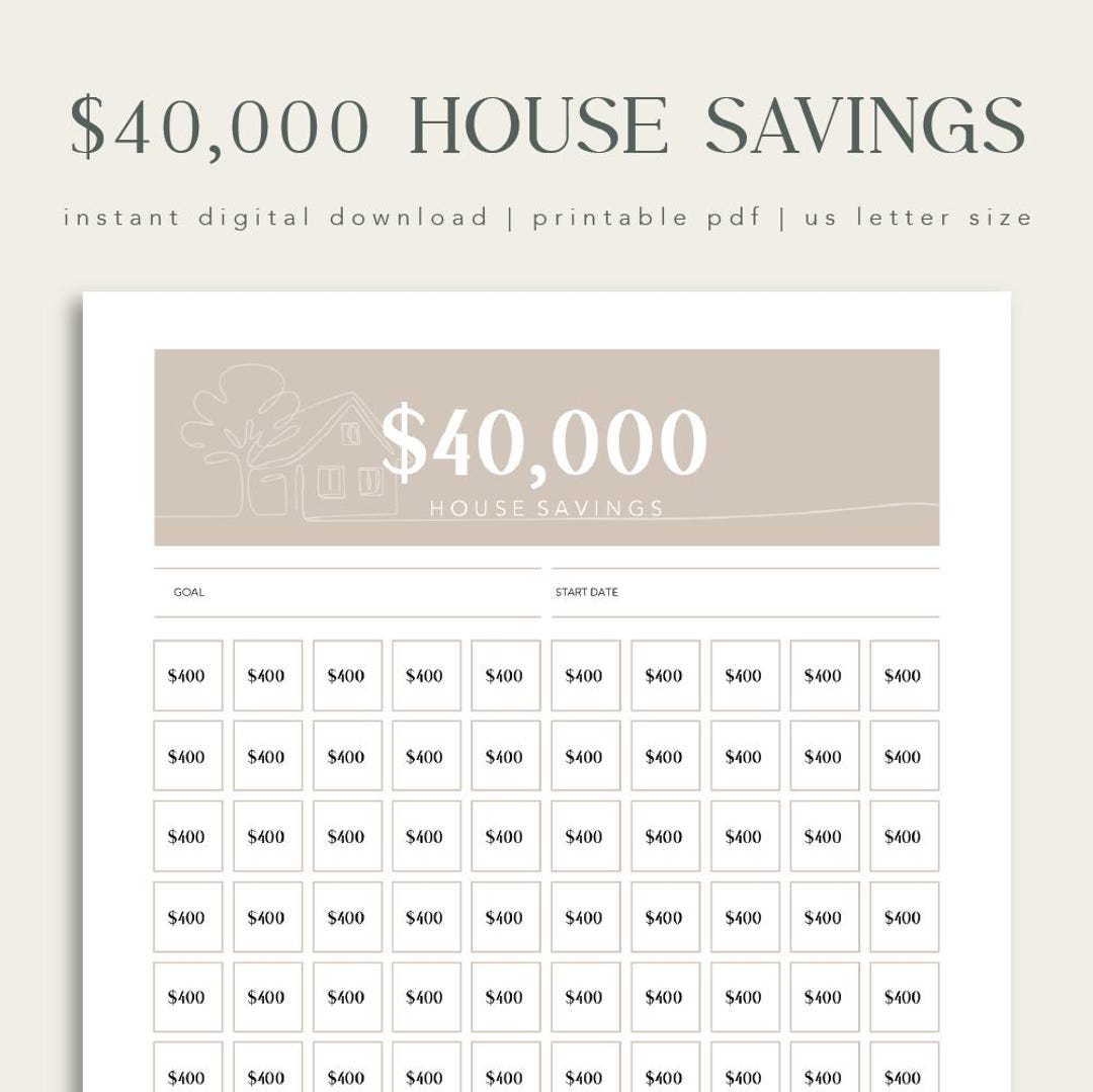 40,000 Dollar House Savings Challenge, Home Down Payment Tracker (PDF ...