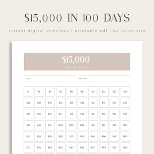 Può includere: Un grafico stampabile per aiutarti a risparmiare € 15.000 in 100 giorni. Il grafico è diviso in 10 righe e 10 colonne, con ogni quadrato che rappresenta un giorno. I numeri in ogni quadrato rappresentano l'importo di denaro che devi risparmiare ogni giorno per raggiungere il tuo obiettivo.