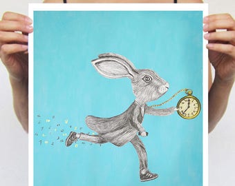 Rabbit Print, running rabbit, bunny print, Art Poster, Kids Decor Drawing, gift for rabbit lovers, alice in wonderland