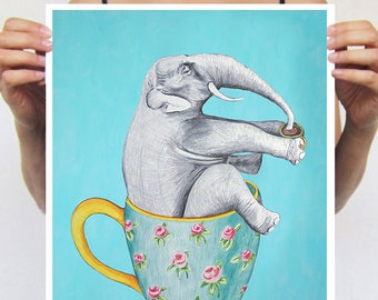 Elephant Print, Tea cup illustration, Art Poster, Kids Decor Drawing, elephant in cup, jumbo print, gift for elephant lovers