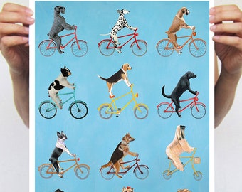 Dogs print, bicycle print, cycling dog, dog on bicycle, dog painting, bicycle painting, dog illustration, bicycle illustration, bike art