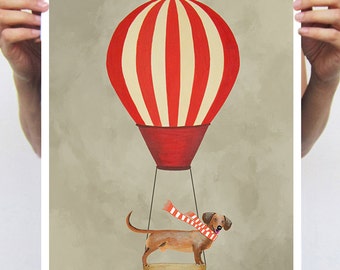 Dachshund painting, print from original painting by Coco de Paris: Dachshund with hot airballoon