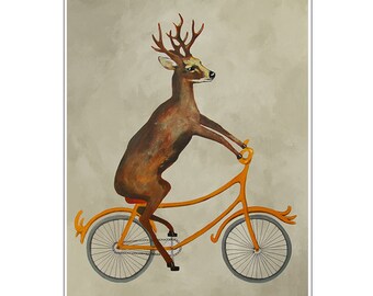 Deer painting, print from original painting by Coco de Paris: Deer on bicycle