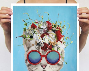 Kitty painting, kitty print, gift for cat lovers, kitty painting by Coco de Paris: cat with flowers, christmas gift, holiday gift,cat lovers