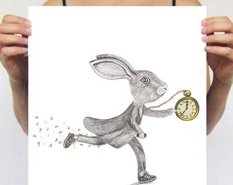 Rabbit Print, running rabbit, bunny print, Art Poster, Kids Decor Drawing, gift for rabbit lovers, alice in wonderland